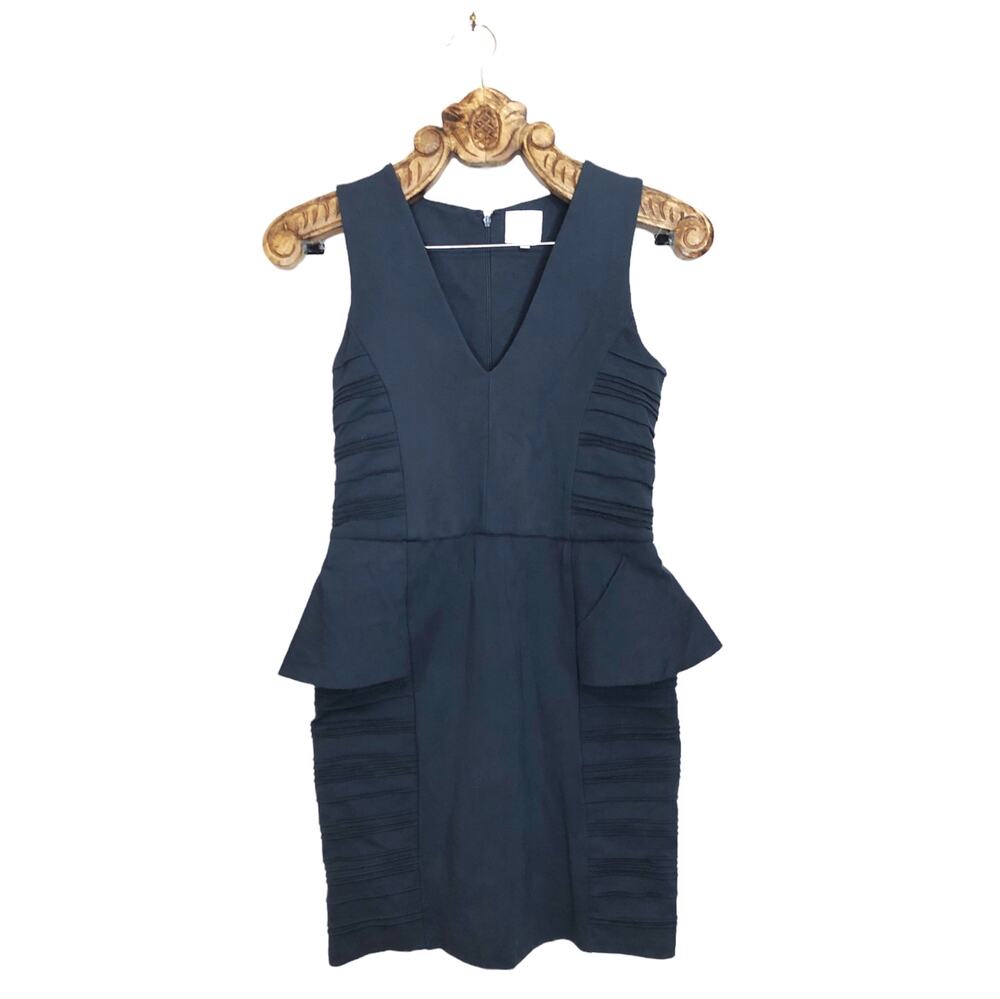 Parker Dress Peplum Sheath Textured Navy V Neck Sleeveless Classic Office Medium